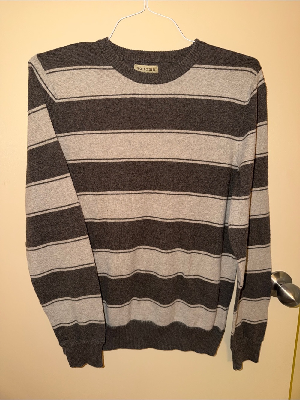 Sonoma Men's Gray and Taupe Wide-Stripe Crewneck Sweater